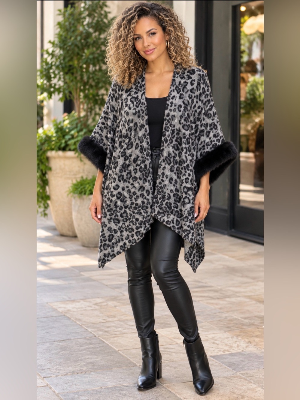 Vince Camuto Leopard Print Leopard Print Wool Blend Faux Fur Trim Ruana Poncho